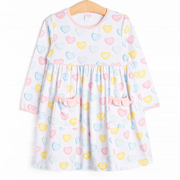 (Custom Design Preorder MOQ 5) Colorful Heart Print Pockets Girls Valentine's Day Knee Length Dress