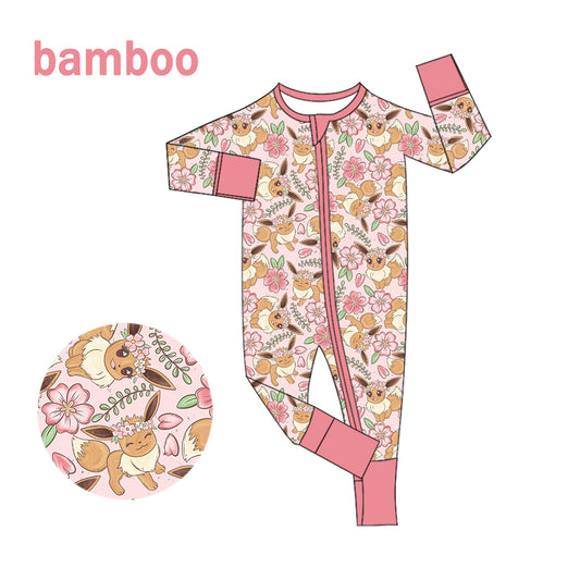 (Custom Design Preorder MOQ 20) Cartoon Animals Flowers Print Baby Girls Long Sleeve Bamboo Sleeper Zipper Romper