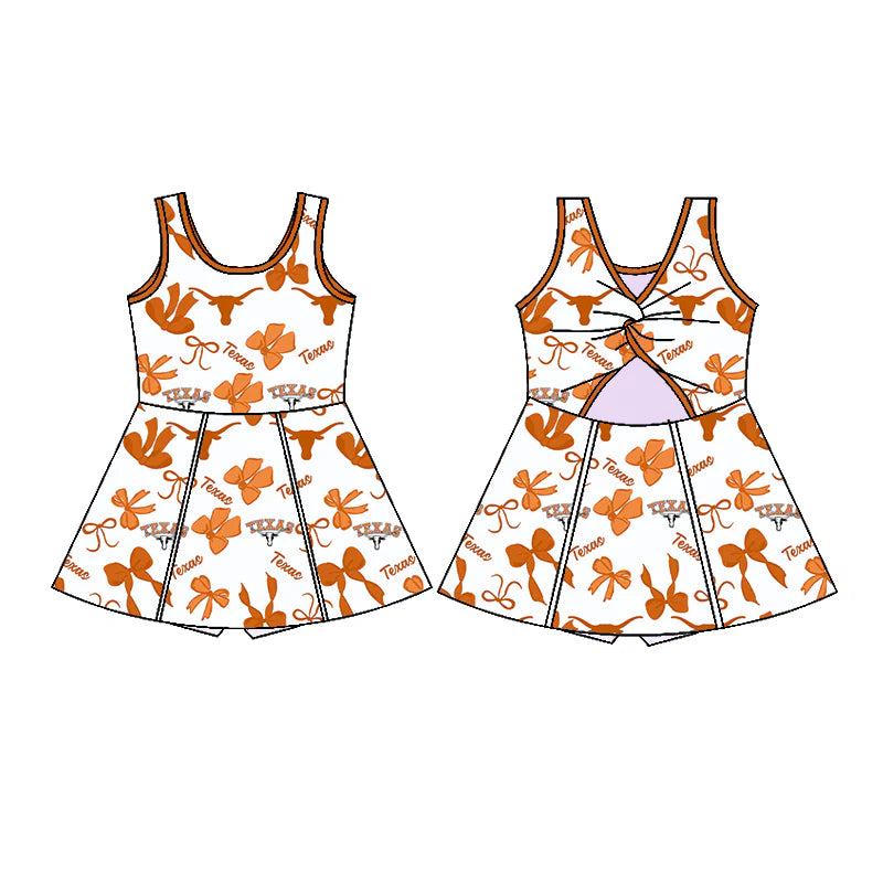 (Custom Design Preorder MOQ 5 Each Item) Team's TEXAS Orange Bows Print Girls Yoga Dresses and Outfits Sisters Matching Clothes