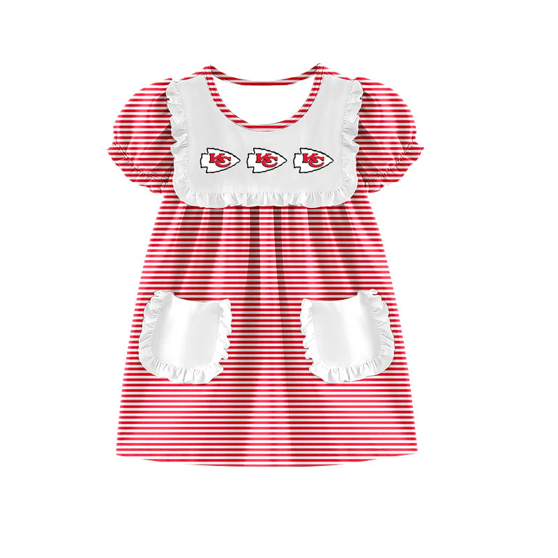(Custom Design Preorder MOQ 5) Team's Chiefs Stripes Print Pockets Girls Summer Knee Length Dress