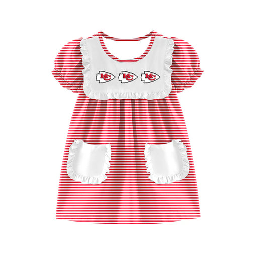 (Custom Design Preorder MOQ 5) Team's Chiefs Stripes Print Pockets Girls Summer Knee Length Dress