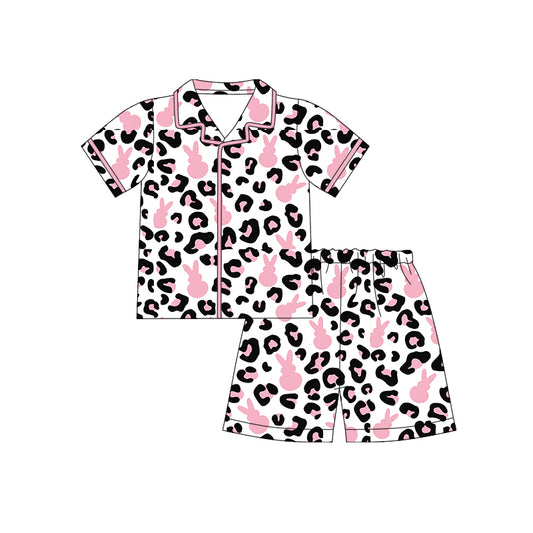 12.10 (Custom Design Preorder MOQ 5) Bunny Pink Leopard Print Girls Easter Buttons Pajamas Clothes Set