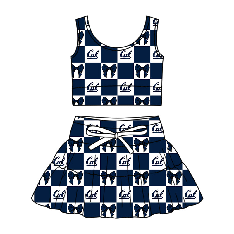 (Custom Design Preorder MOQ 5 Each Color) Team's California Golden Bears Bows Plaid Print Girls Summer Clothes Sisters Matching Wear