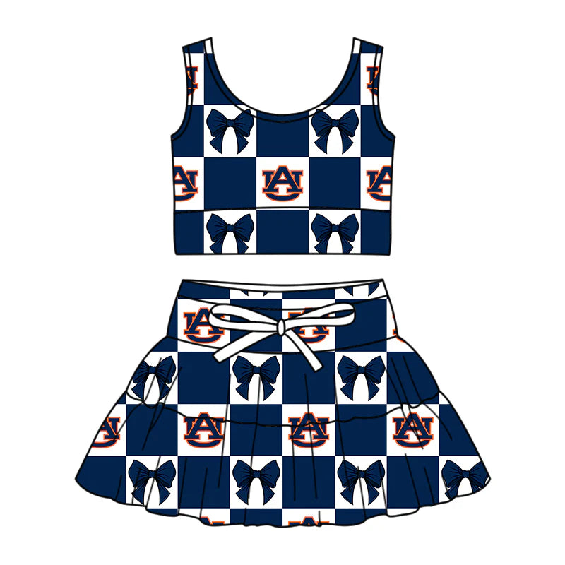 (Custom Design Preorder MOQ 5 Each Color) Team's Auburn Tigers Bows Plaid Print Girls Summer Clothes Sisters Matching Wear