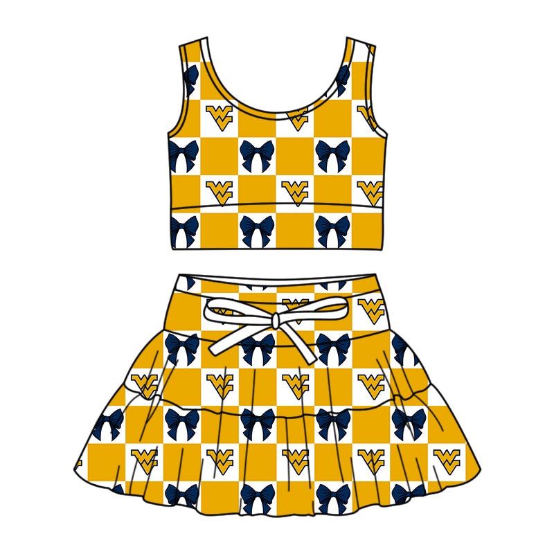 (Custom Design Preorder MOQ 5 Each Color) Team's West Virginia Bows Plaid Print Girls Summer Clothes Sisters Matching Wear