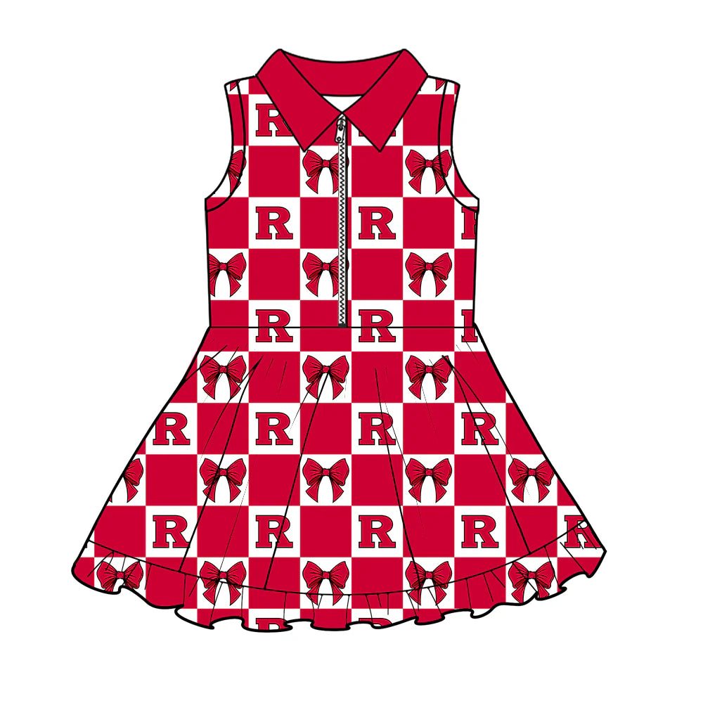(Custom Design Preorder MOQ 5 Each Color) Team's Rutgers University Bows Plaid Print Girls Summer Clothes Sisters Matching Wear