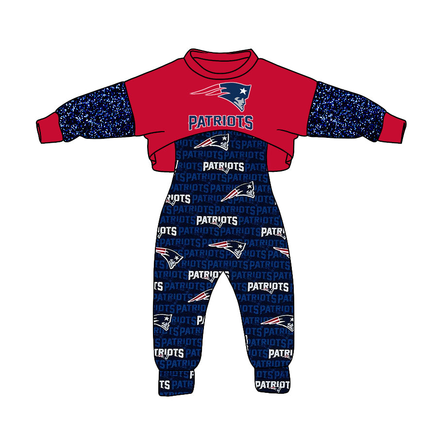 (Custom Design MOQ 5)  NO.17 Red Blue Football Team's Print Girls Jumpsuits Clothes Set