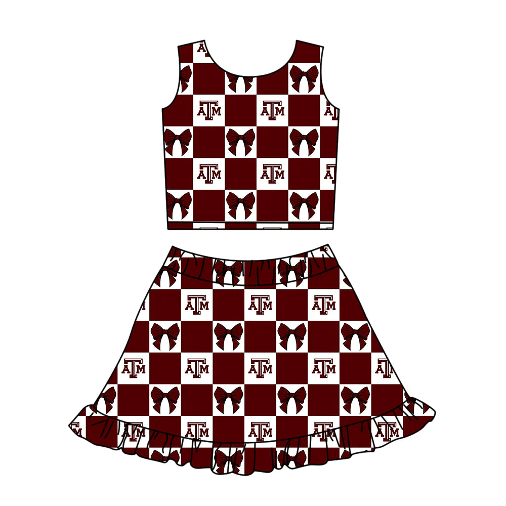 (Custom Design Preorder MOQ 5 Each Color) Team's Texas A&M Bows Plaid Print Girls Summer Clothes Sisters Matching Wear