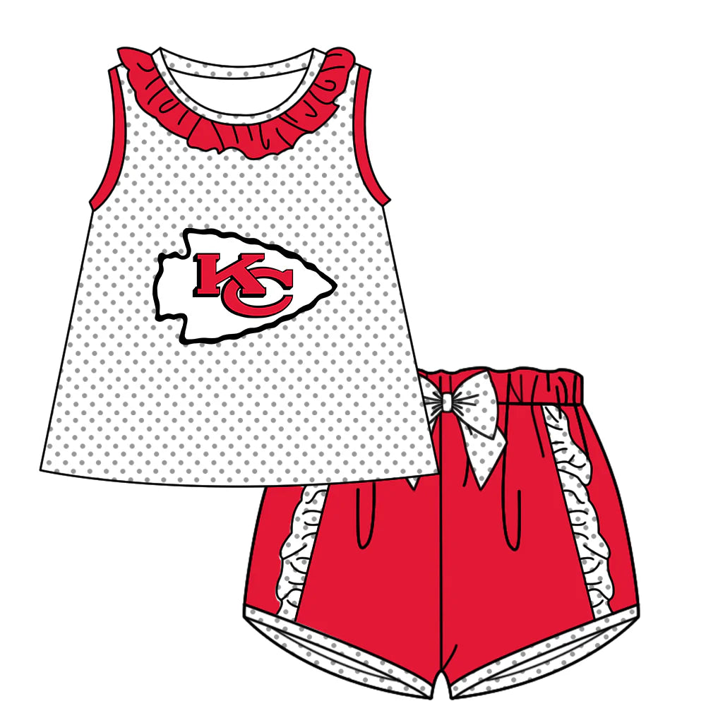 (Custom Design Preorder MOQ 5)  Team's Chiefs Top Red Shorts Girls Summer Clothes Set