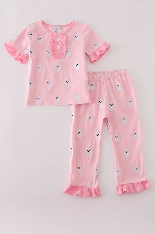(Custom Design Preorder MOQ 5) Spooky Pink Print Girls Halloween Pajamas Clothes Set