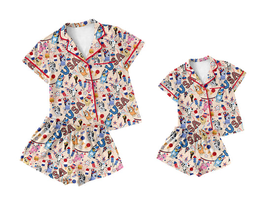 3.10(Custom Design Preorder MOQ 5 Each Design) Cartoon Dog USA Stars Print Buttons Pajamas Sets Mom and Me 4th of July Matching Clothes