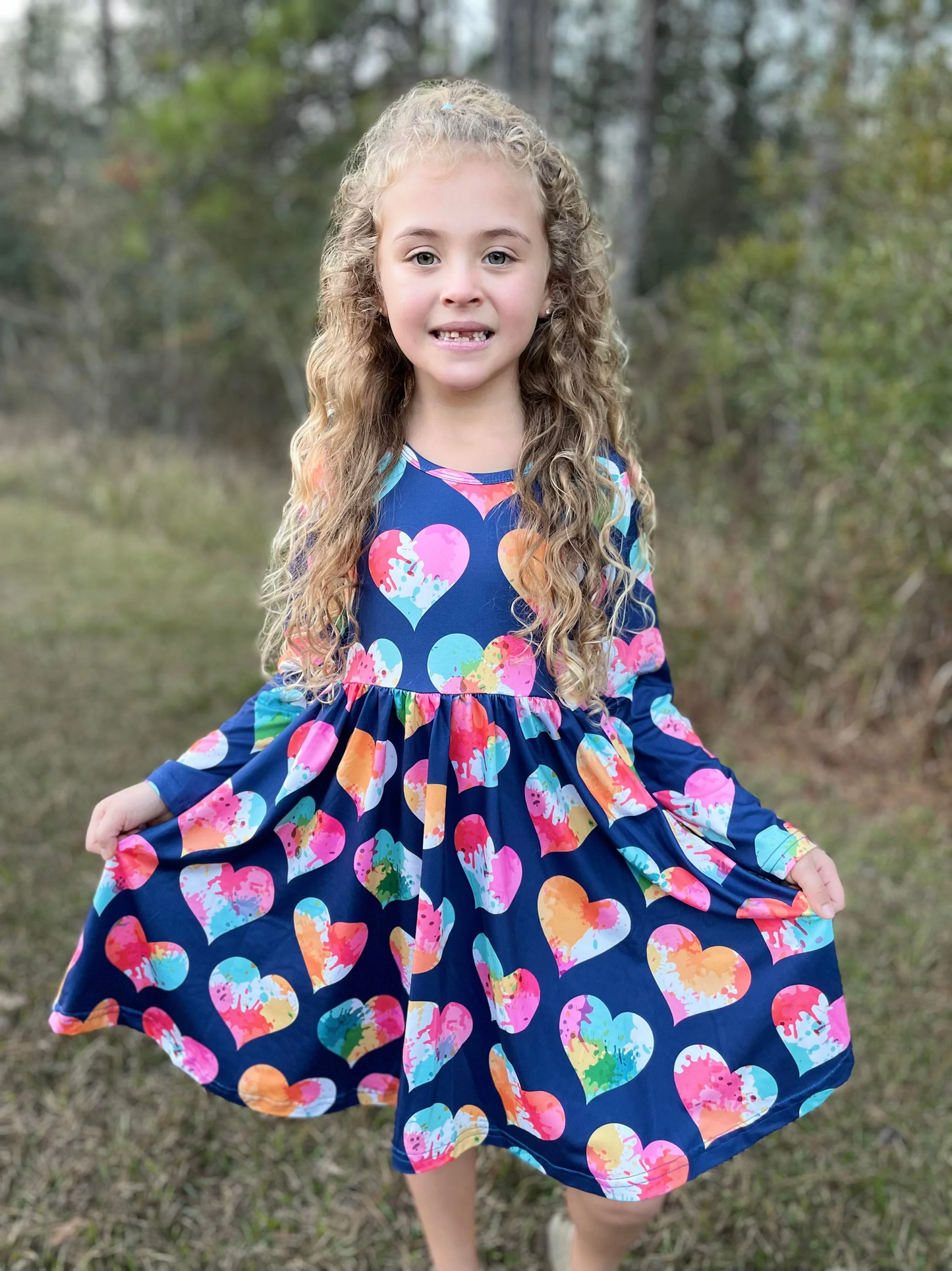(Custom Design Preorder MOQ 5) Tie-dye Heart Print Girls Valentine's Knee Length Dress