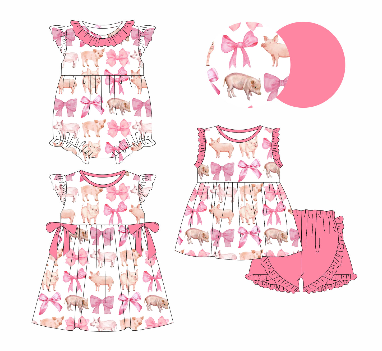 1.3(Custom Design Preorder MOQ 5 Each Design) Pig Bows Print Girls Summer Matching Clothes Sisters Wear