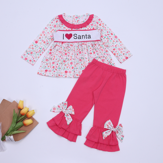 (Custom Design Preorder MOQ 5) I LOVE Santa Pink Flowers Tunic Top Ruffle Pants Girls Christmas Clothes Set