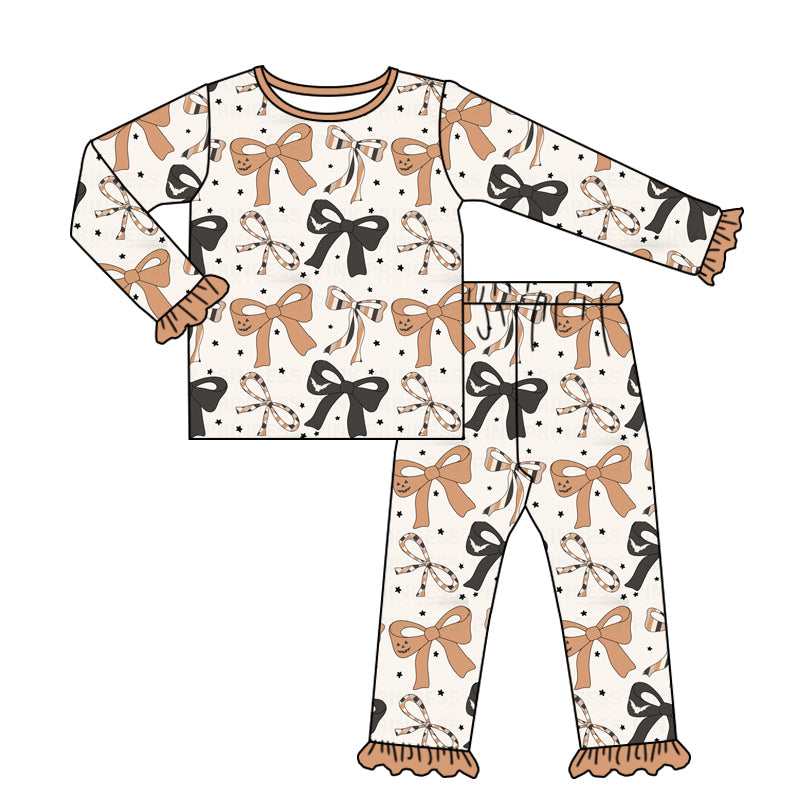 (Custom Design Preorder MOQ 5)  Bows Print Girls Halloween Bamboo Pajamas Clothes Set