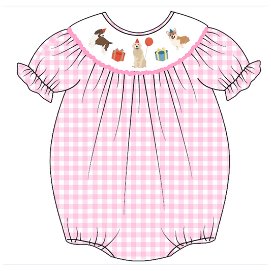 (Custom Design Preorder MOQ 5) Dog Pink Plaid Print Baby Girls Summer Romper