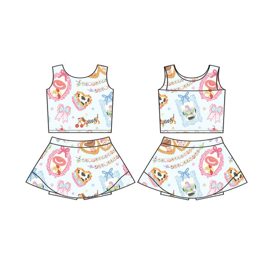 (Custom Design Preorder MOQ 5 ) Cartoon Toys Bows Print Shorts Skirts Girls Summer Yoga Clothes Set