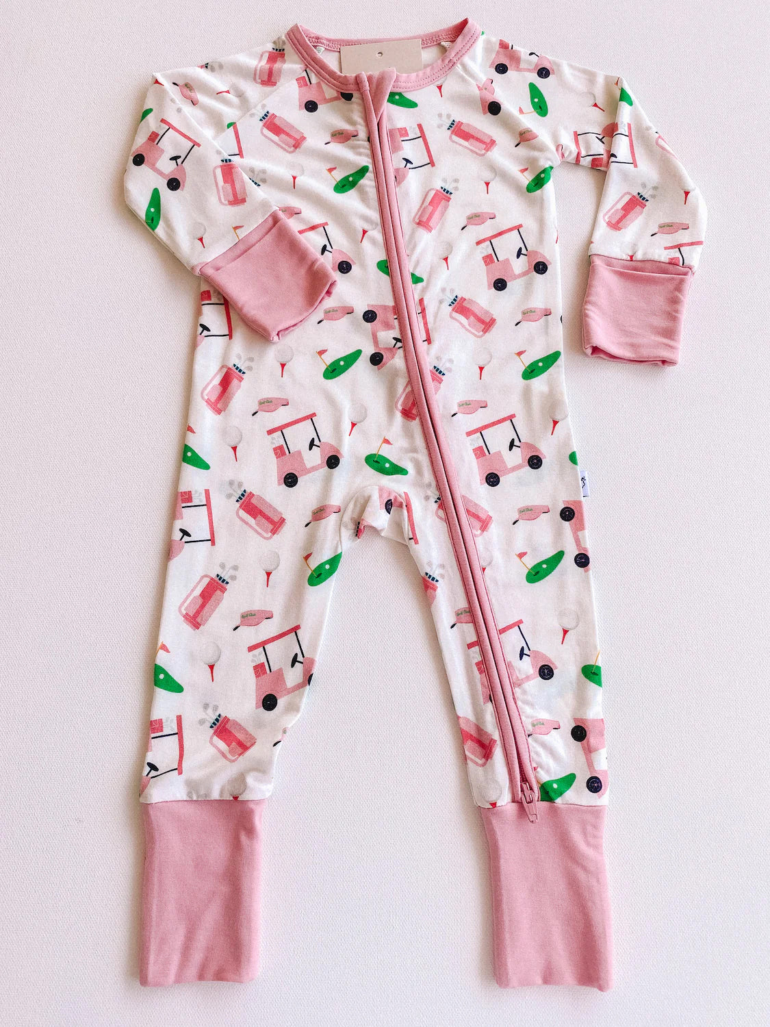 (Custom Design Preorder MOQ 5) Golf Trucks Pink Print Baby Girls Sleeper Zipper Romper