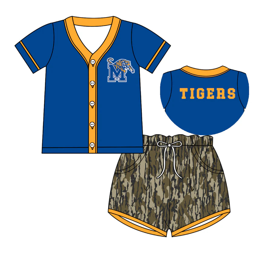 (Custom Design Preorder MOQ 5)  Team's Memphis Tigers Blue Top Camo Shorts Boys Summer Clothes Set