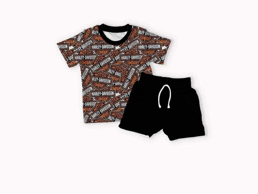 (Custom Design Preorder MOQ 5) Motorcycle Logo Top Black Shorts Boys Summer Clothes Set