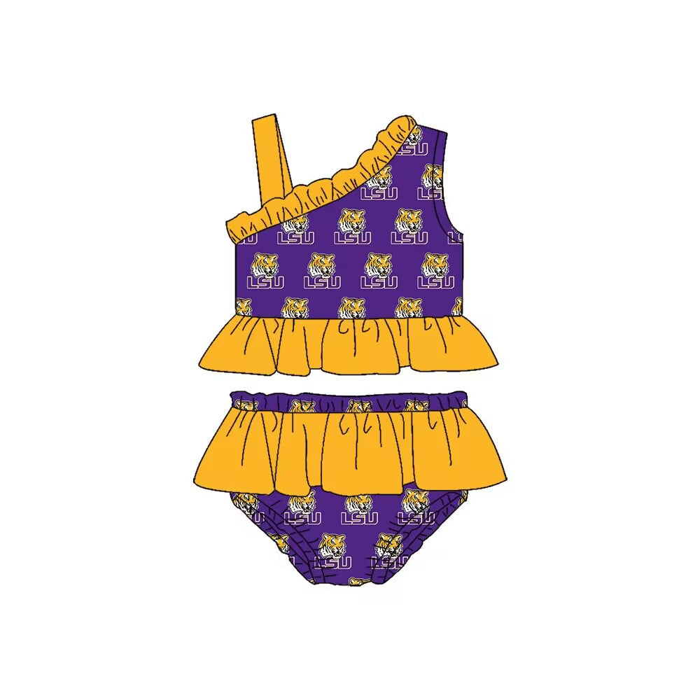 (Custom Design Preorder MOQ 5)  Team's LSU Print Girls 2 Pieces Swimsuits Beach Wear