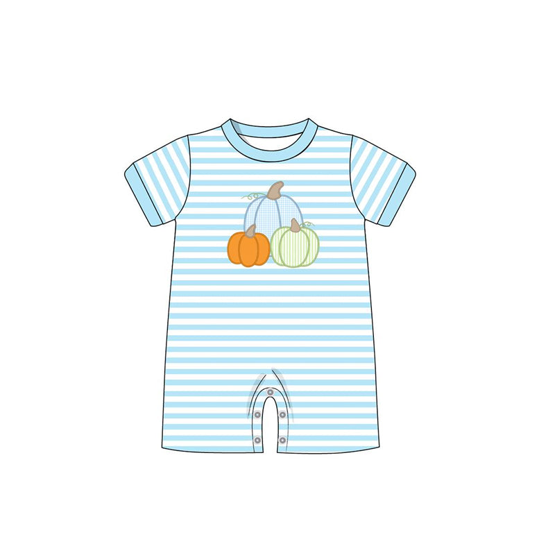 (Custom Design Preorder MOQ 5) Pumpkin Stripes Print Baby Boys Fall Romper