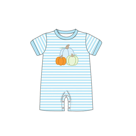 (Custom Design Preorder MOQ 5) Pumpkin Stripes Print Baby Boys Fall Romper