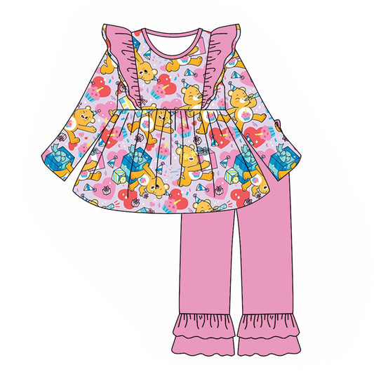 (Custom Design Preorder MOQ 5) Cartoon Bear Happy Birthday Tunic Top Pink Pants Girls Fall Clothes Set