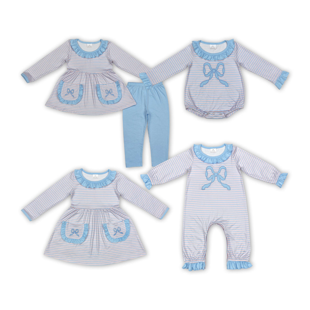 Blue Bow Embroidery Stripes Print Sisters Matching Clothes