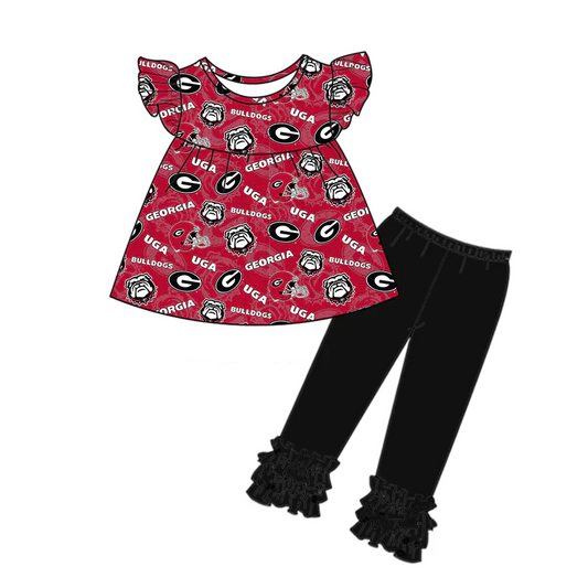 (Custom Design Preorder MOQ 5)  Team's Dog G Print Top Black Legging Pants Girls Clothes Set