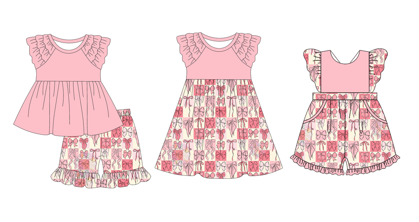 12.10(Custom Design Preorder MOQ 5 Each Design) Pink Bows Plaid Print Girls Summer Matching Clothes Sisters Wear