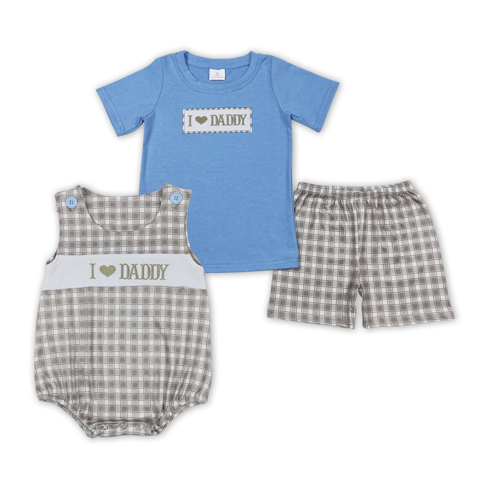 I LOVE DADDY Embroidery Plaid Print Brothers Father's Day Matching Clothes