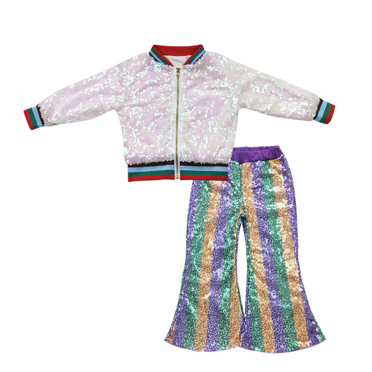 BT0294+P0277 White Pink Sparkle Sequin Jackets Top Green Golden Purple Stripes Sequin Bell Pants Girls Fall Clothes Set