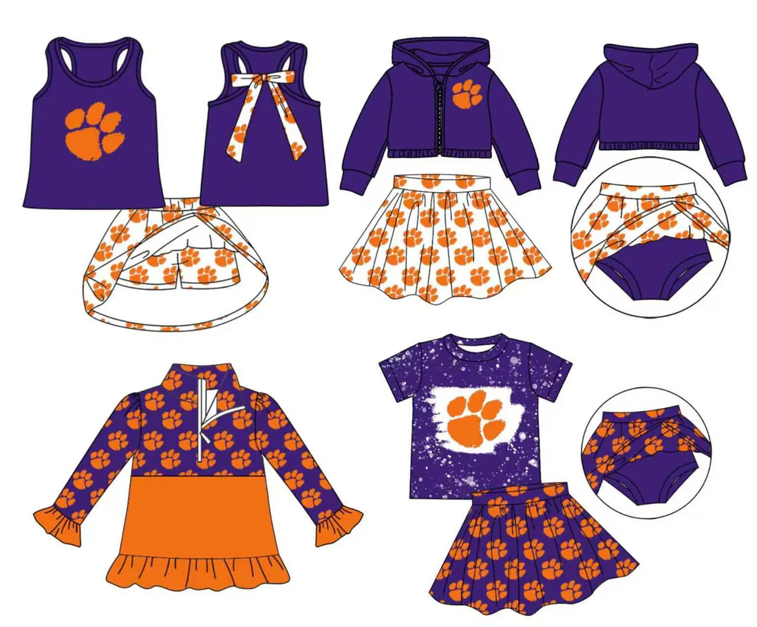 (Custom Design Preorder MOQ 5 Each Item)Team's Tinger Paw Purple Orange Print Girls Matching Clothes