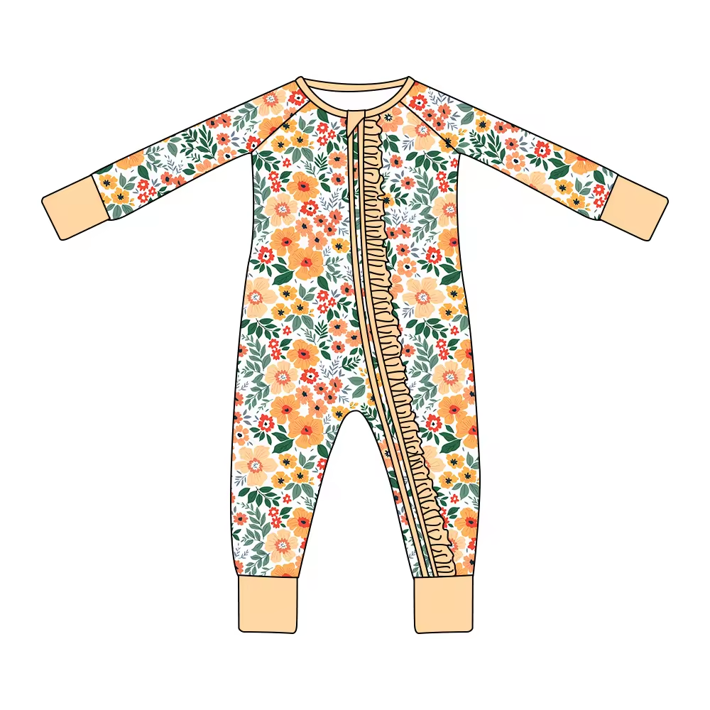 (Custom Design Preorder MOQ 5) Orange Flowers Print Baby Girls Fall Sleeper Zipper Romper