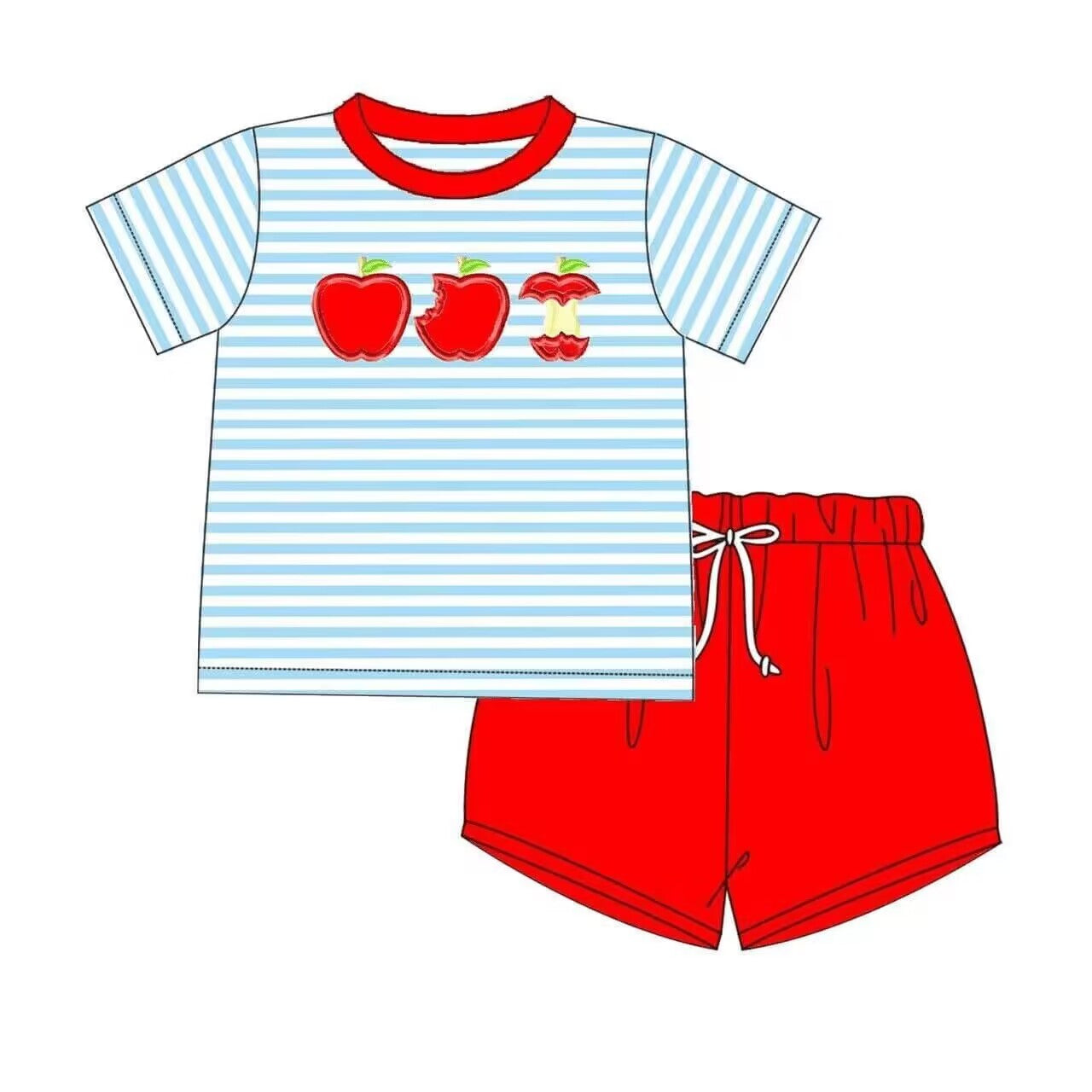 (Custom Design Preorder MOQ 5)  Apple Blue Stripes Top Red Shorts Boys Back to School Clothes Set