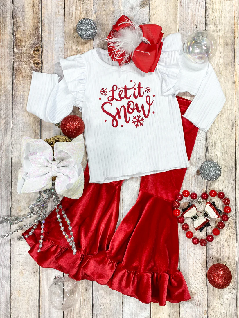 (Custom Design Preorder MOQ 5) Let it Snow Ribbed Top Velvet Bell Pants Girls Christmas Clothes Set