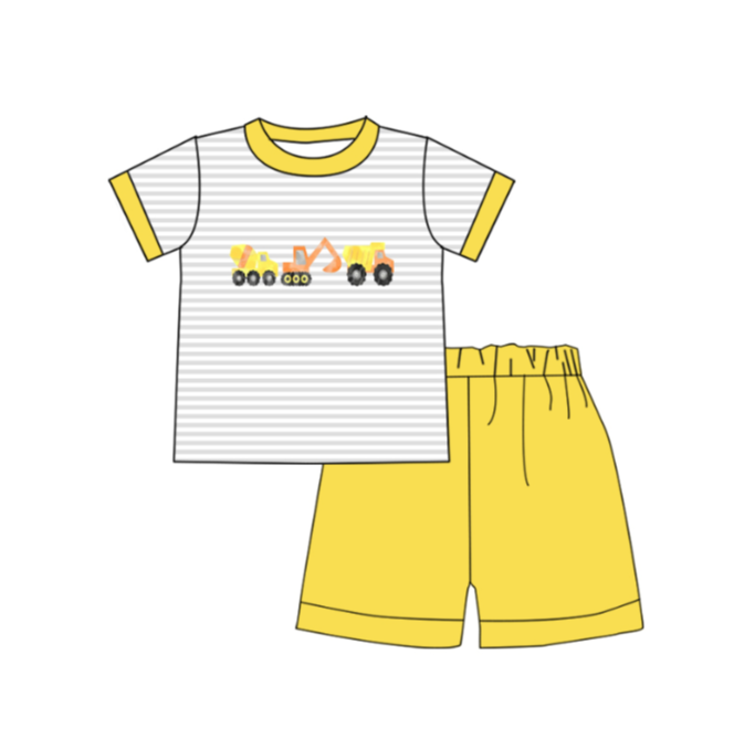 (Custom Design Preorder MOQ 5)  Construction Trucks Top Yellow Shorts Boys Summer Clothes Set