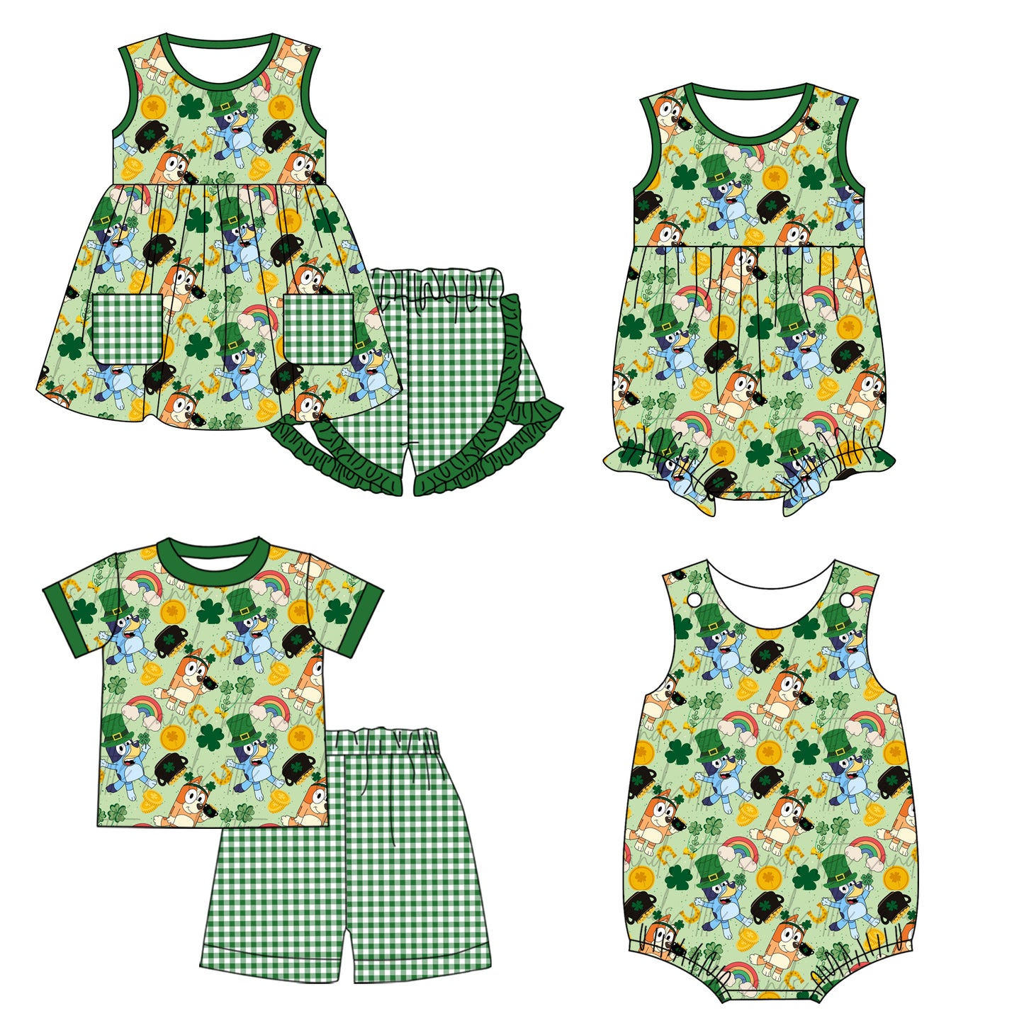 11.7(Custom Design Preorder MOQ 5 Each Design) Cartoon Dog Leef Rainbow Print Kids St. Patrick's Day Matching Clothes Sibling Wear