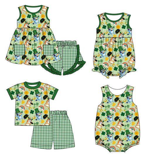 11.7(Custom Design Preorder MOQ 5 Each Design) Cartoon Dog Leef Rainbow Print Kids St. Patrick's Day Matching Clothes Sibling Wear