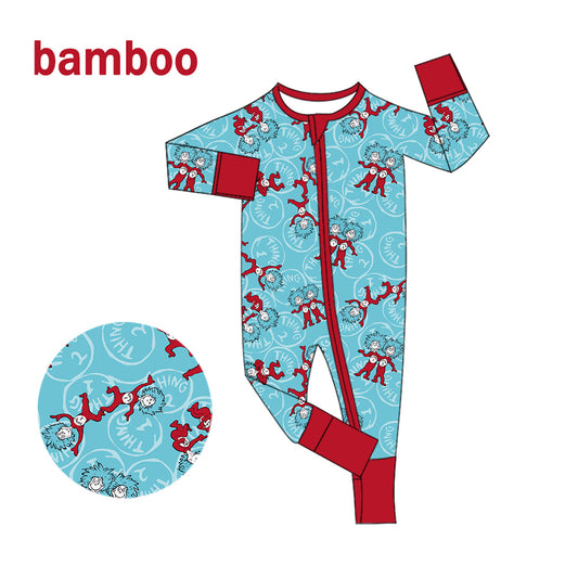 (Custom Design Preorder MOQ 20) Cartoon Dr.Reading Print Baby Girls Long Sleeve Bamboo Sleeper Zipper Romper
