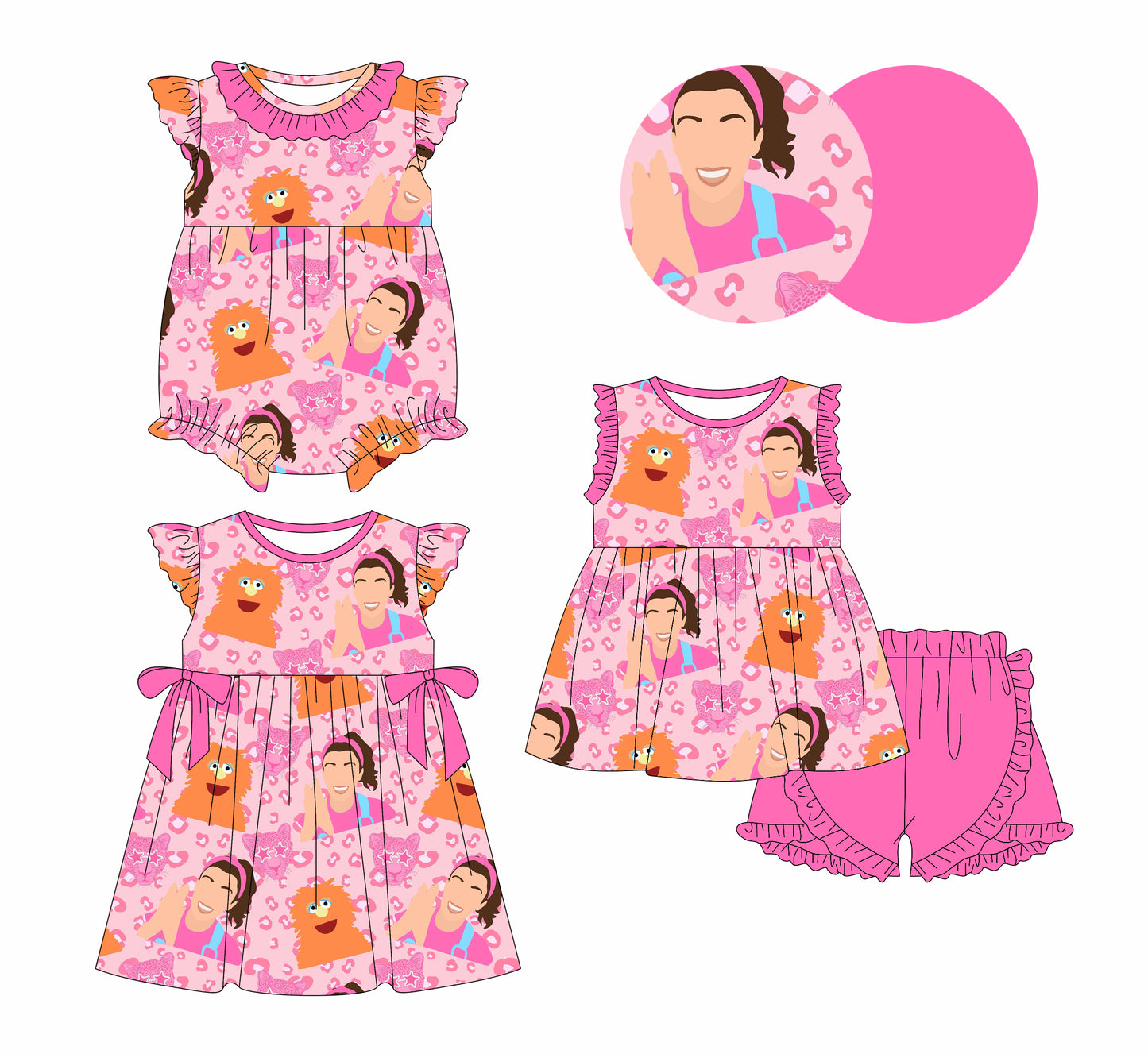 12.30(Custom Design Preorder MOQ 5 Each Design) Cartoon Teacher Rache* Pink Leopard Print Girls Summer Matching Clothes Sisters Wear