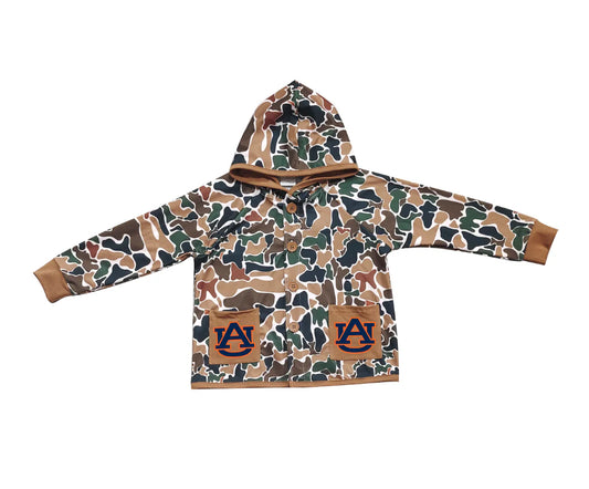(Custom Design Preorder MOQ 5 Each Item) Team's Auburn Brown Camo Print Pockets Buttons Kids Fall Hoodie Jackets Top Mom and Me Matching Clothes