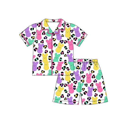 12.10 (Custom Design Preorder MOQ 5) Colorful Bunny Leopard Print Girls Easter Buttons Pajamas Clothes Set