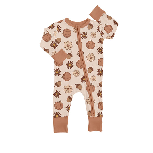 (Custom Design Preorder MOQ 5) NO.18 Brown Flowers Punpkin Baby Zip Romper