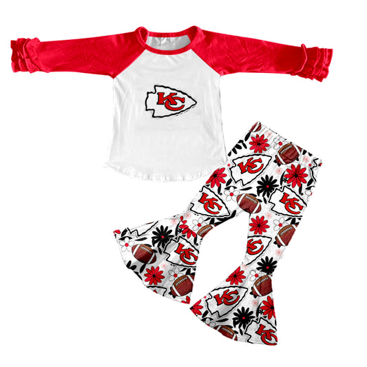 (Custom Design Preorder MOQ 5) Team's KC Flowers Print Raglan Sleeves Top Bell Pants Girls Fall Clothes Set