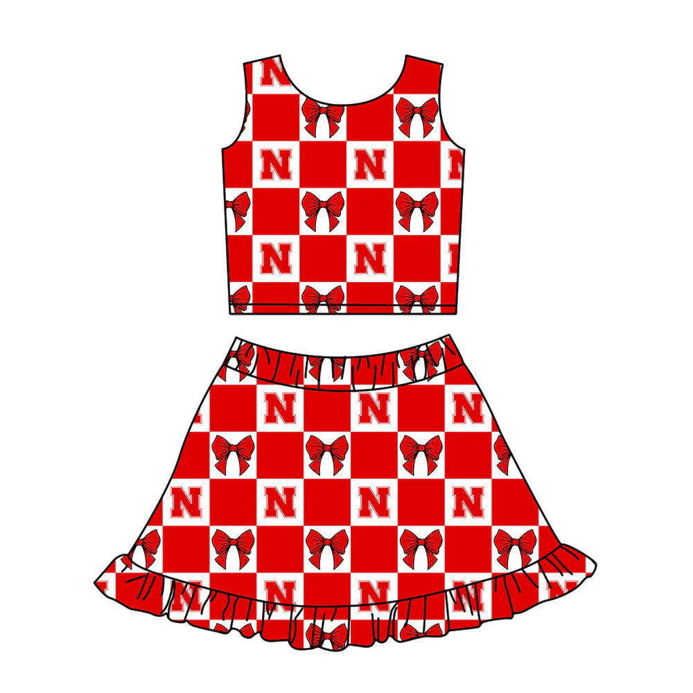 (Custom Design Preorder MOQ 5 Each Color) Team's N Red Bows Plaid Print Girls Summer Clothes Sisters Matching Wear