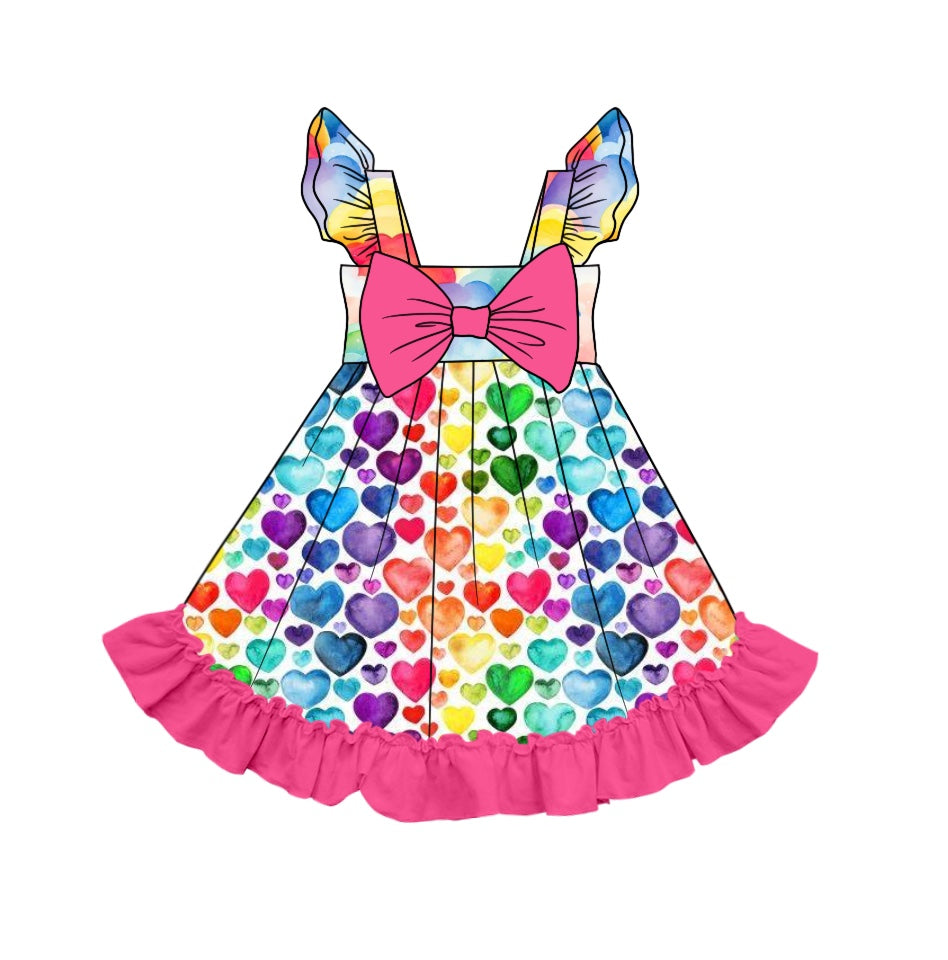 (Custom Design Preorder MOQ 5) Colorful Heart Print Girls Knee Length Valentine's Dress