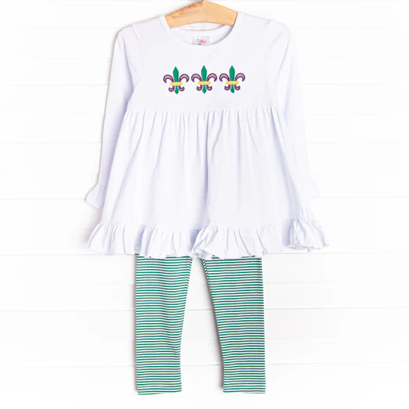 (Custom Design Preorder MOQ 5)  Anchor White Tunic Top Green Stripes Pants Girls Mardi Gras Clothes Set