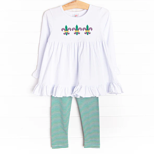 (Custom Design Preorder MOQ 5)  Anchor White Tunic Top Green Stripes Pants Girls Mardi Gras Clothes Set